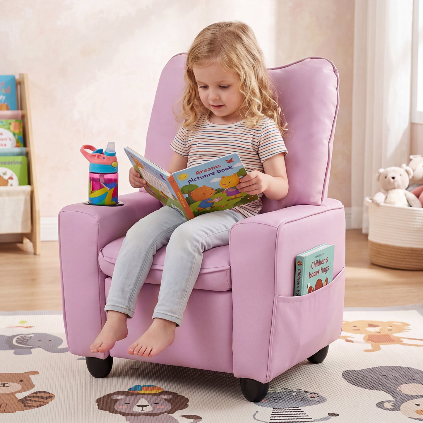 Kids Recliner Chair with Cup Holder and Adjustable Backrest