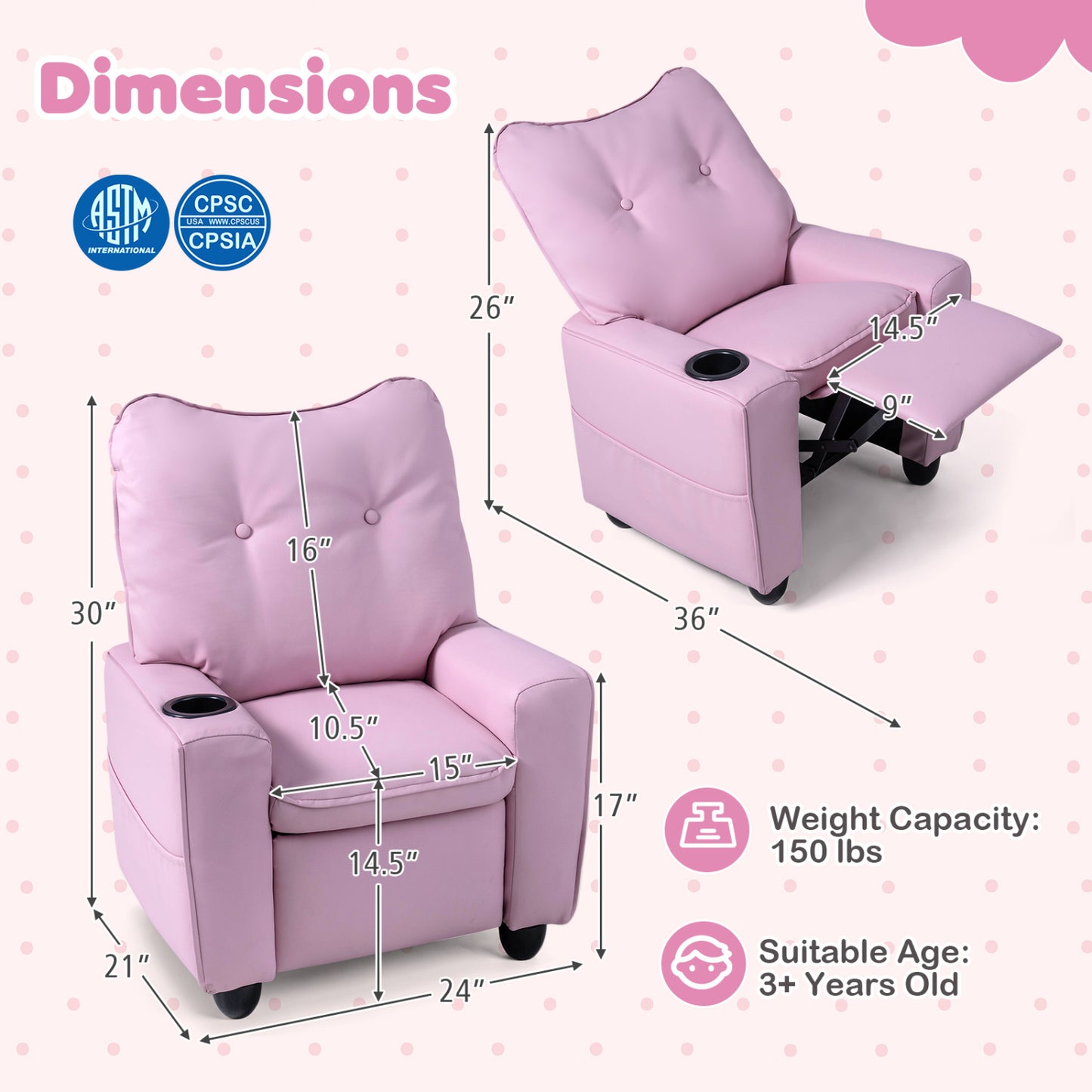 Kids Recliner Chair with Cup Holder and Adjustable Backrest