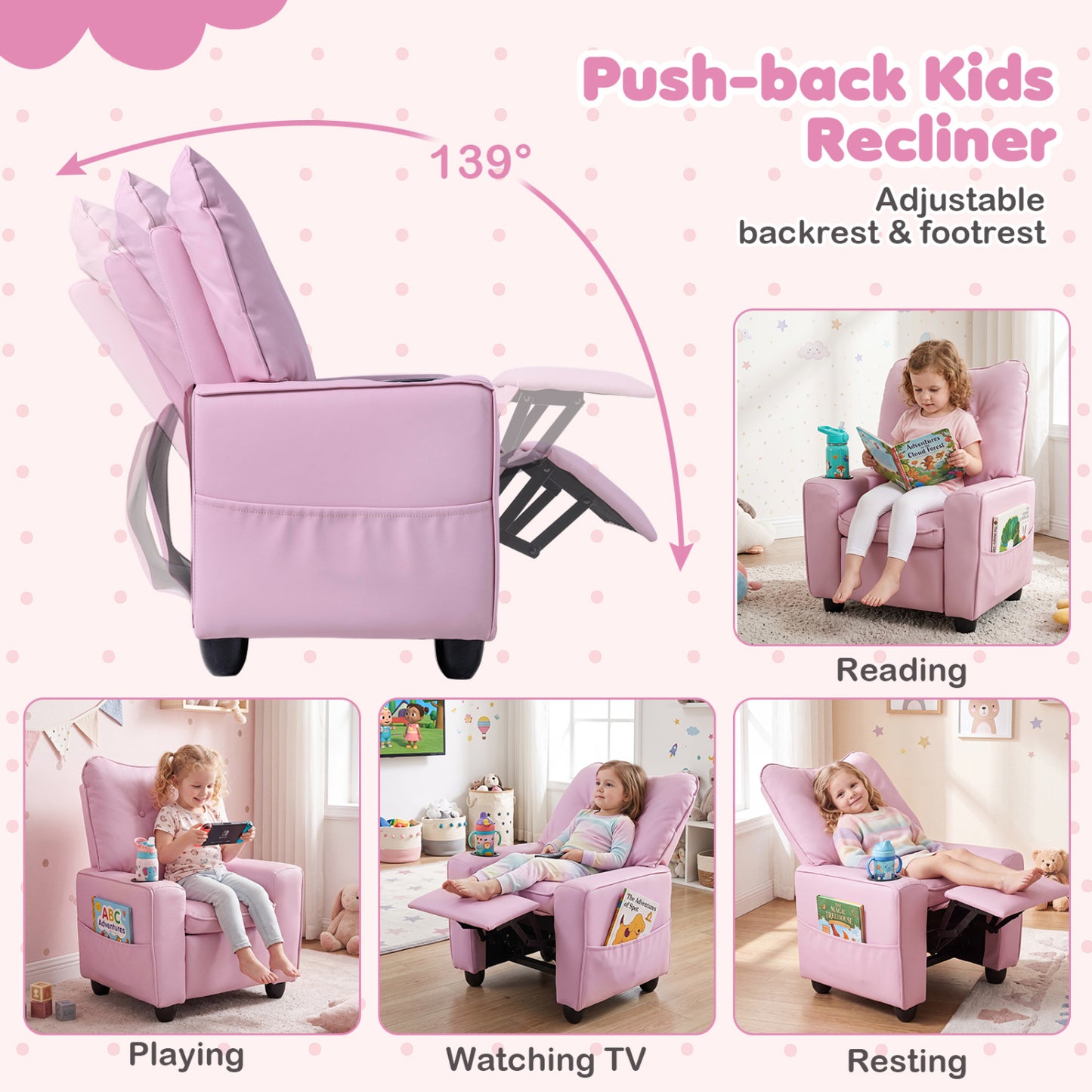 Kids Recliner Chair with Cup Holder and Adjustable Backrest