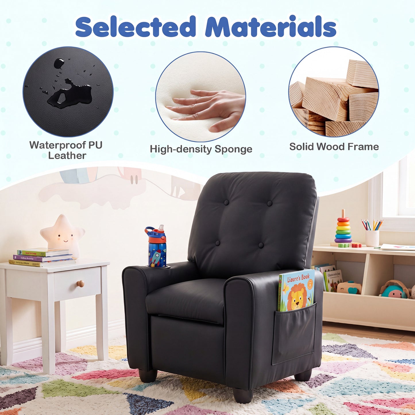 Kids Recliner Chair with Cup Holder & Adjustable Backrest