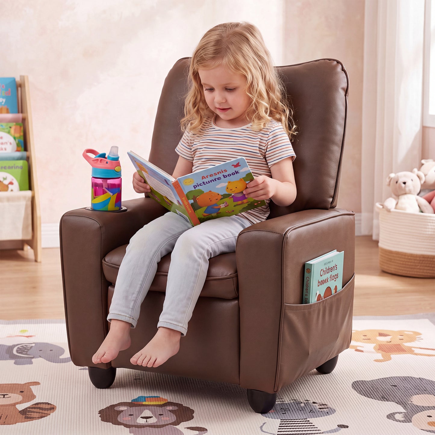 Kids Recliner Chair with Cup Holder and Adjustable Backrest