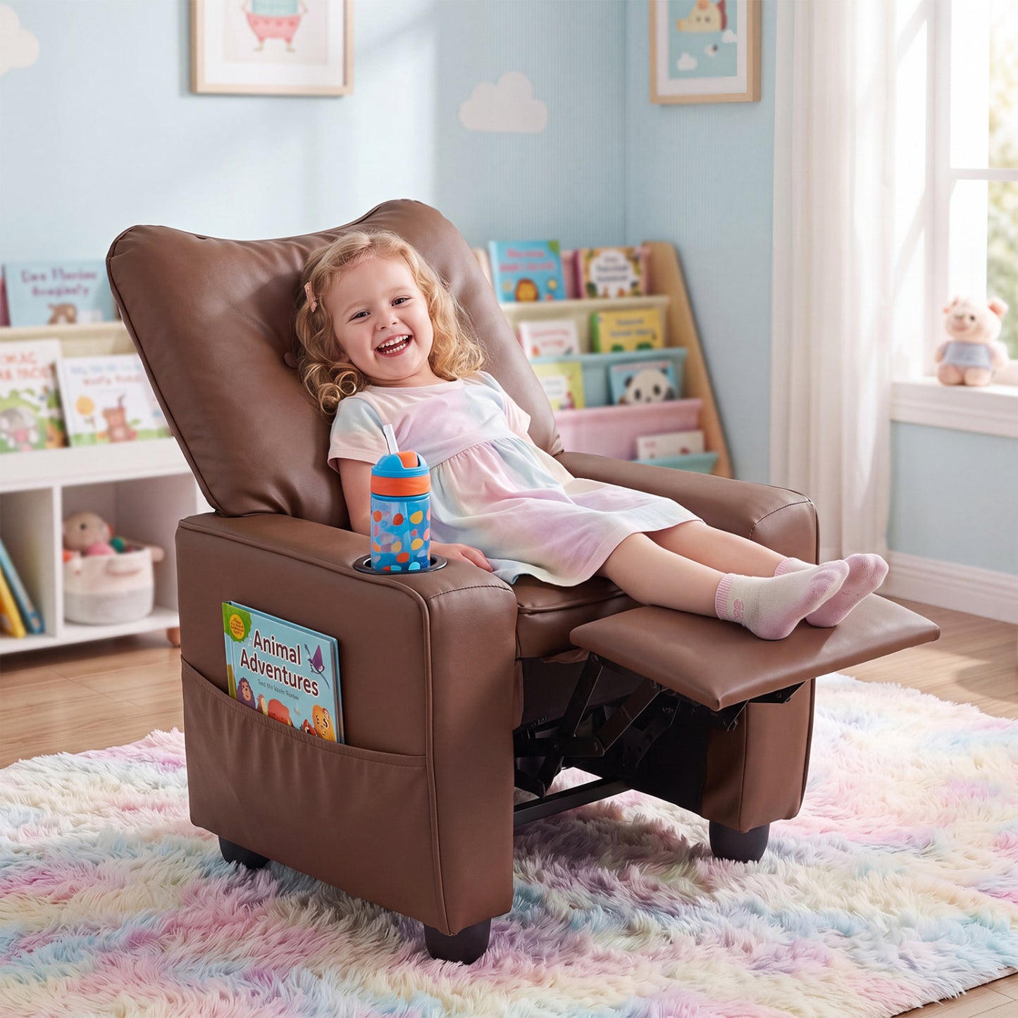 Kids Recliner Chair with Cup Holder and Adjustable Backrest