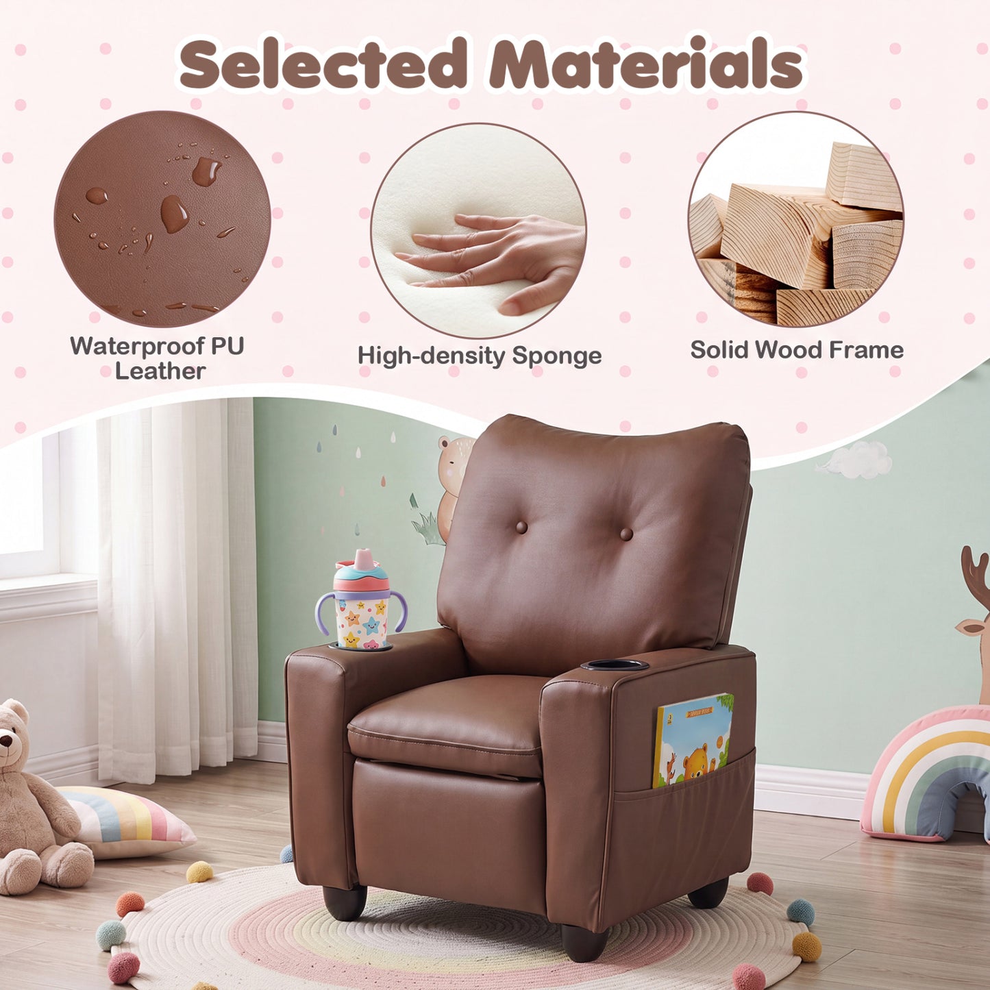 Kids Recliner Chair with Cup Holder and Adjustable Backrest