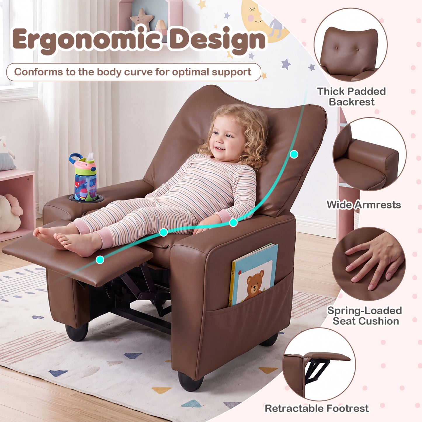 Kids Recliner Chair with Cup Holder and Adjustable Backrest
