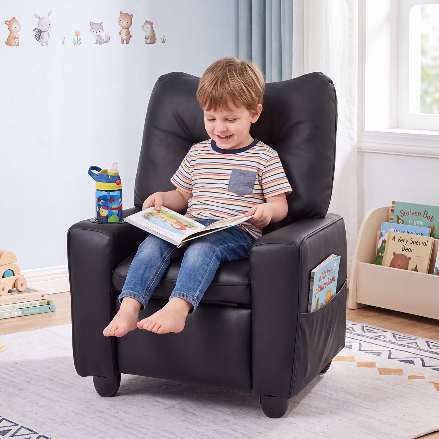 Kids Recliner Chair with Cup Holder and Adjustable Backrest