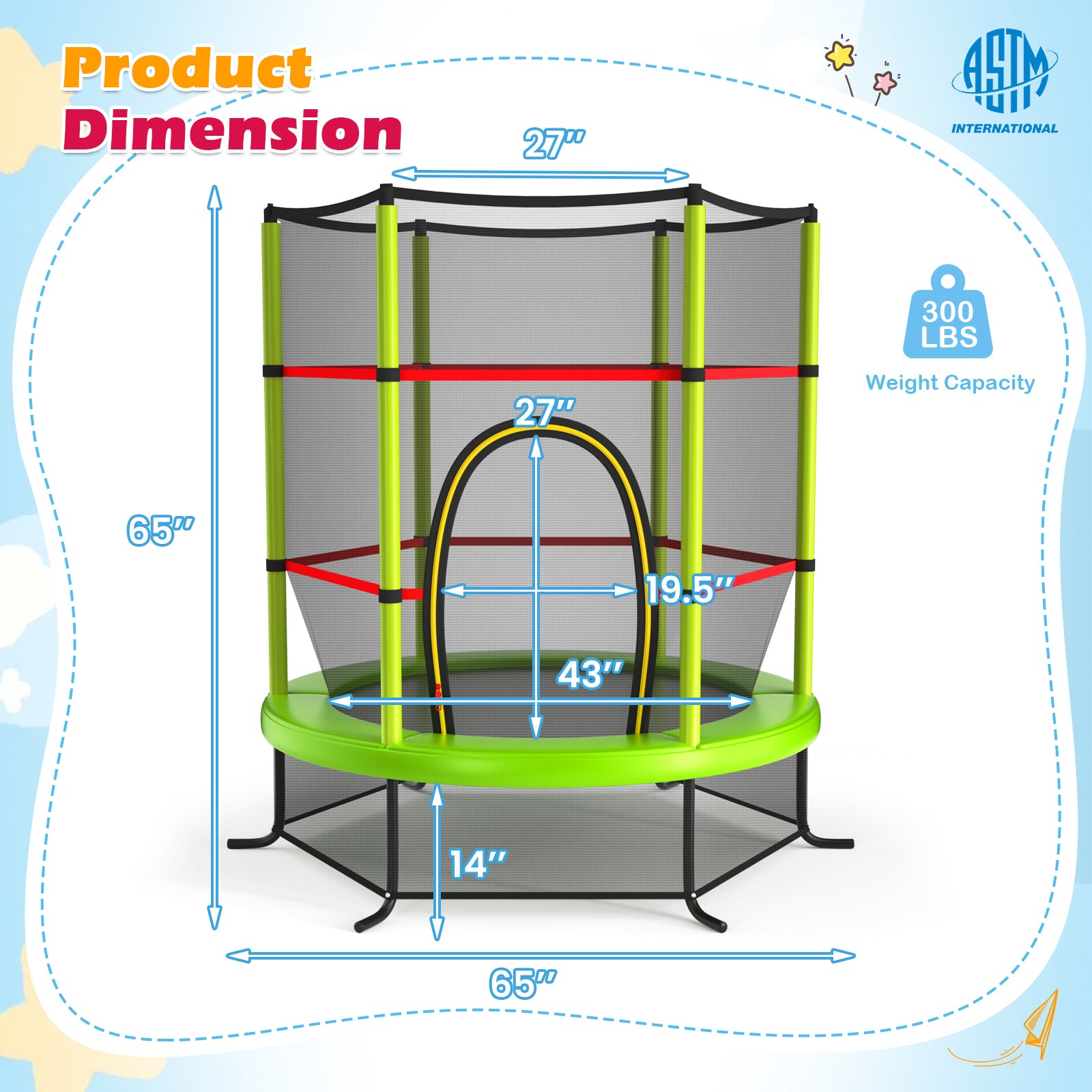 55 Inch Kids Recreational Trampoline Bouncing Jumping Mat with Enclosure Net-Yellow - Green
