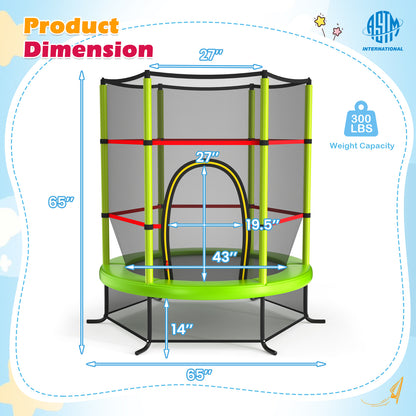55 Inch Kids Recreational Trampoline Bouncing Jumping Mat with Enclosure Net-Yellow - Green