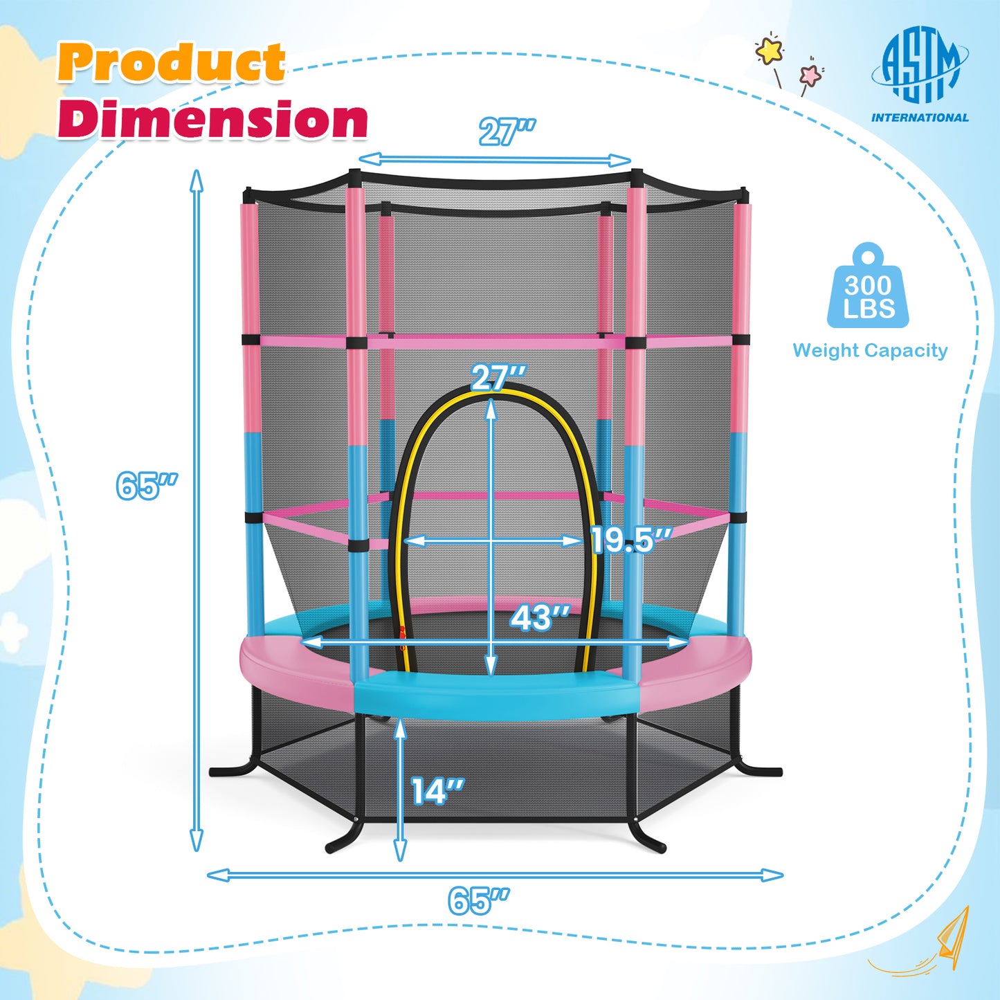 55 Inch Kids Recreational Trampoline Bouncing Jumping Mat with Enclosure Net-Yellow - Pink