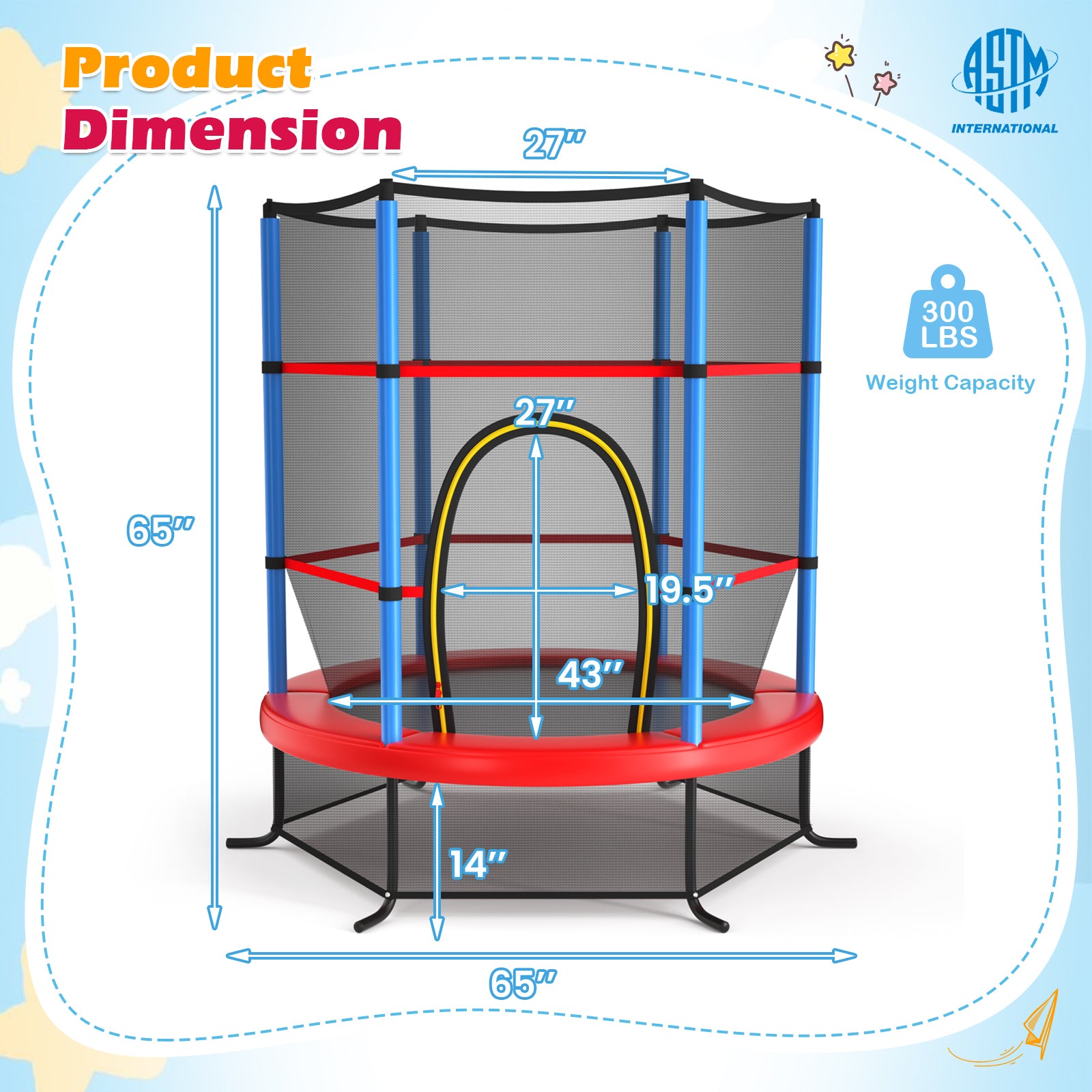 55 Inch Kids Recreational Trampoline Bouncing Jumping Mat with Enclosure Net-Yellow - Navy