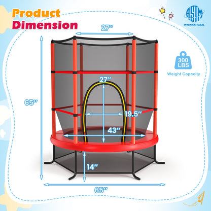 55 Inch Kids Recreational Trampoline Bouncing Jumping Mat with Enclosure Net-Yellow - Red