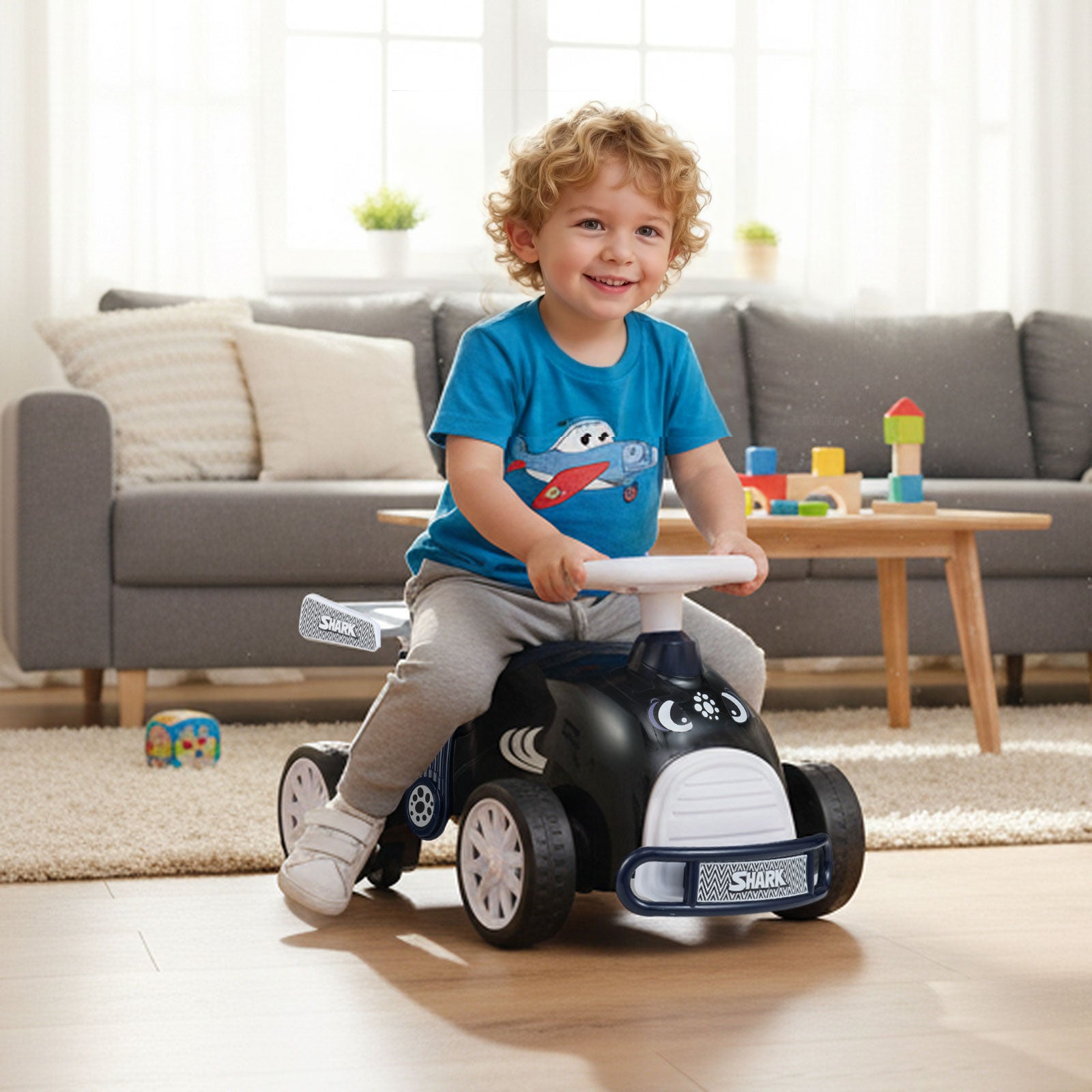 Kids Ride On Car Sliding Toy with Music and Under-Seat Storage-Black & Blue
