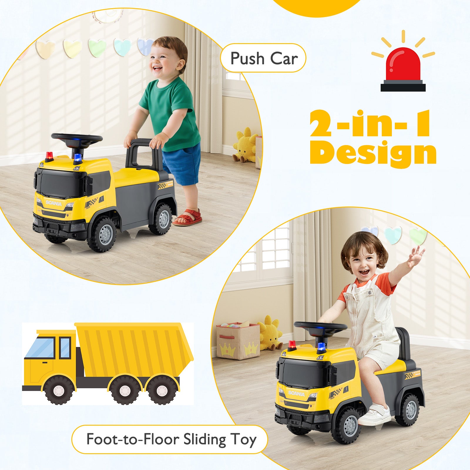 Kids Ride On Push Car Licensed SCANIA Truck Toy with Steering Wheel and Music-Yellow