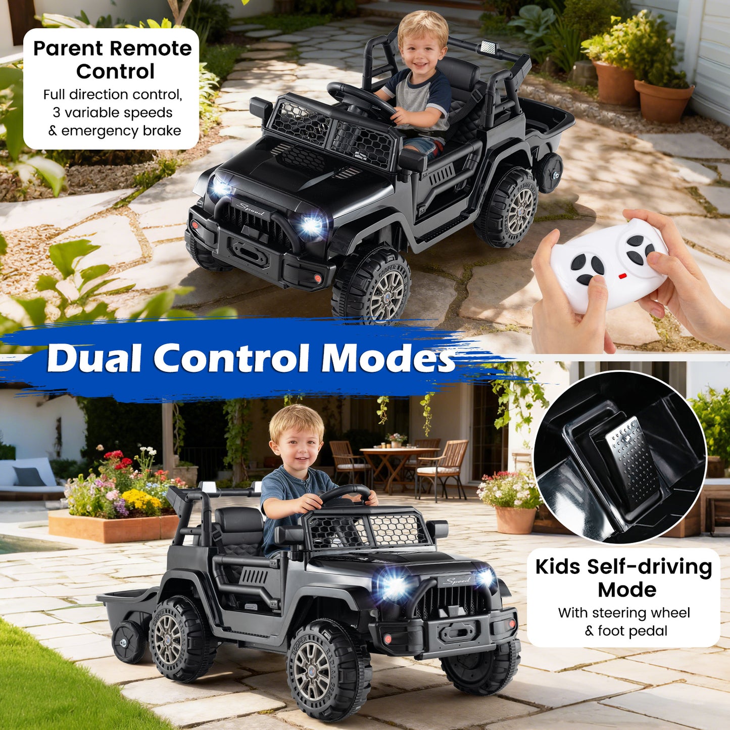 12V Kids Ride On UTV Car with Detachable Trailer-Black