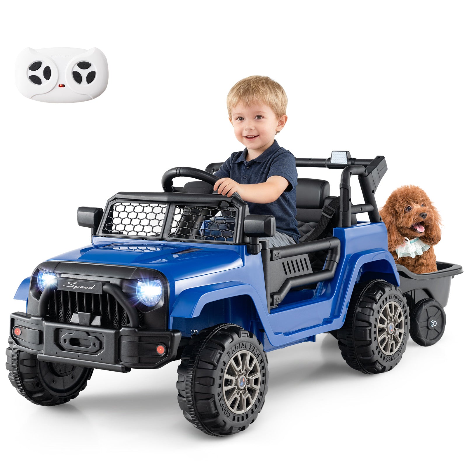 Kids Ride On UTV Car with Detachable Trailer 12V Battery Powered Ride On Truck-Navy