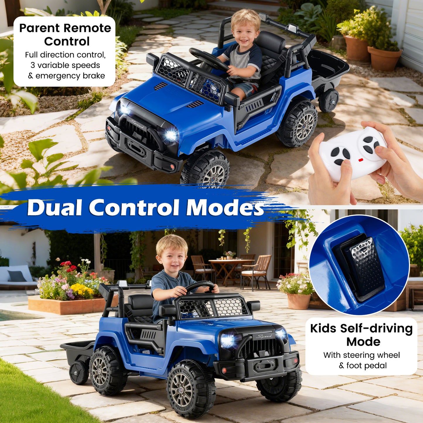 Kids Ride On UTV Car with Detachable Trailer 12V Battery Powered Ride On Truck-Navy