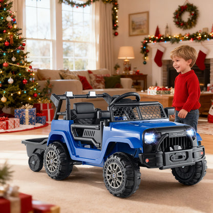 Kids Ride On UTV Car with Detachable Trailer 12V Battery Powered Ride On Truck-Navy