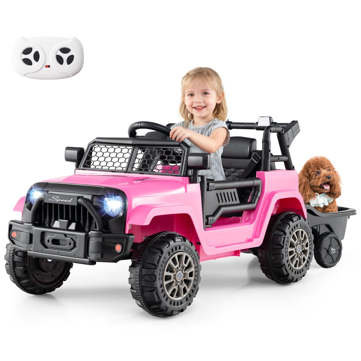 Kids Ride On UTV Car with Detachable Trailer 12V Battery Powered Ride On Truck-Pink
