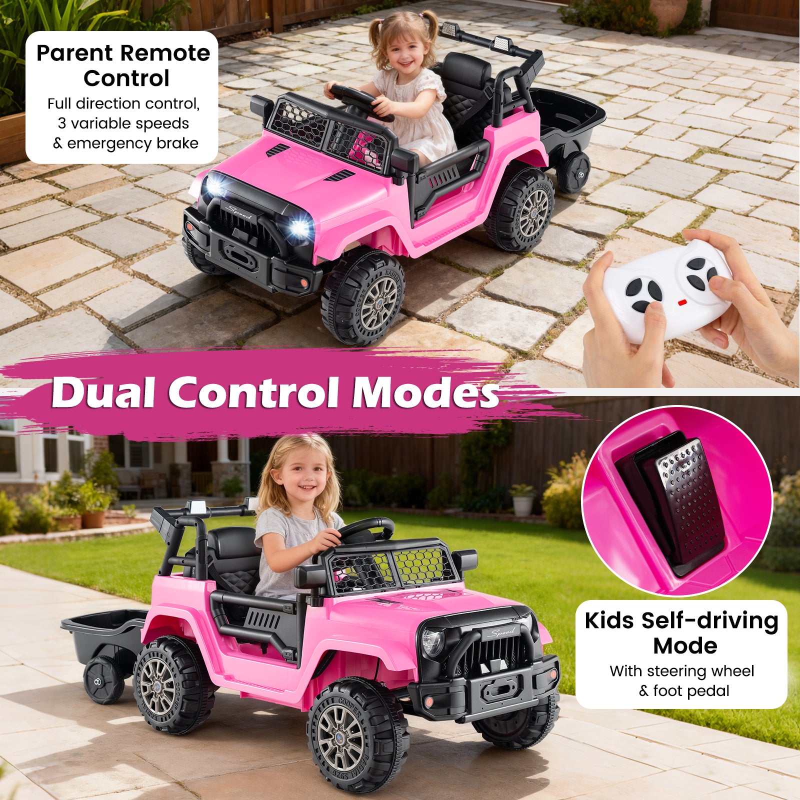 Kids Ride On UTV Car with Detachable Trailer 12V Battery Powered Ride On Truck-Pink