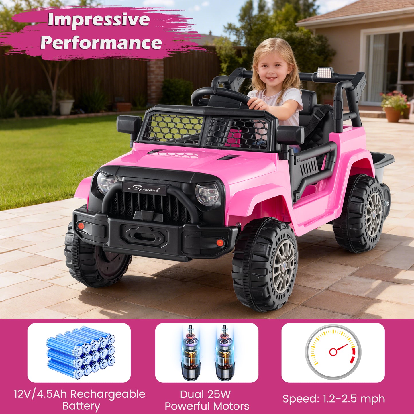 Kids Ride On UTV Car with Detachable Trailer 12V Battery Powered Ride On Truck-Pink