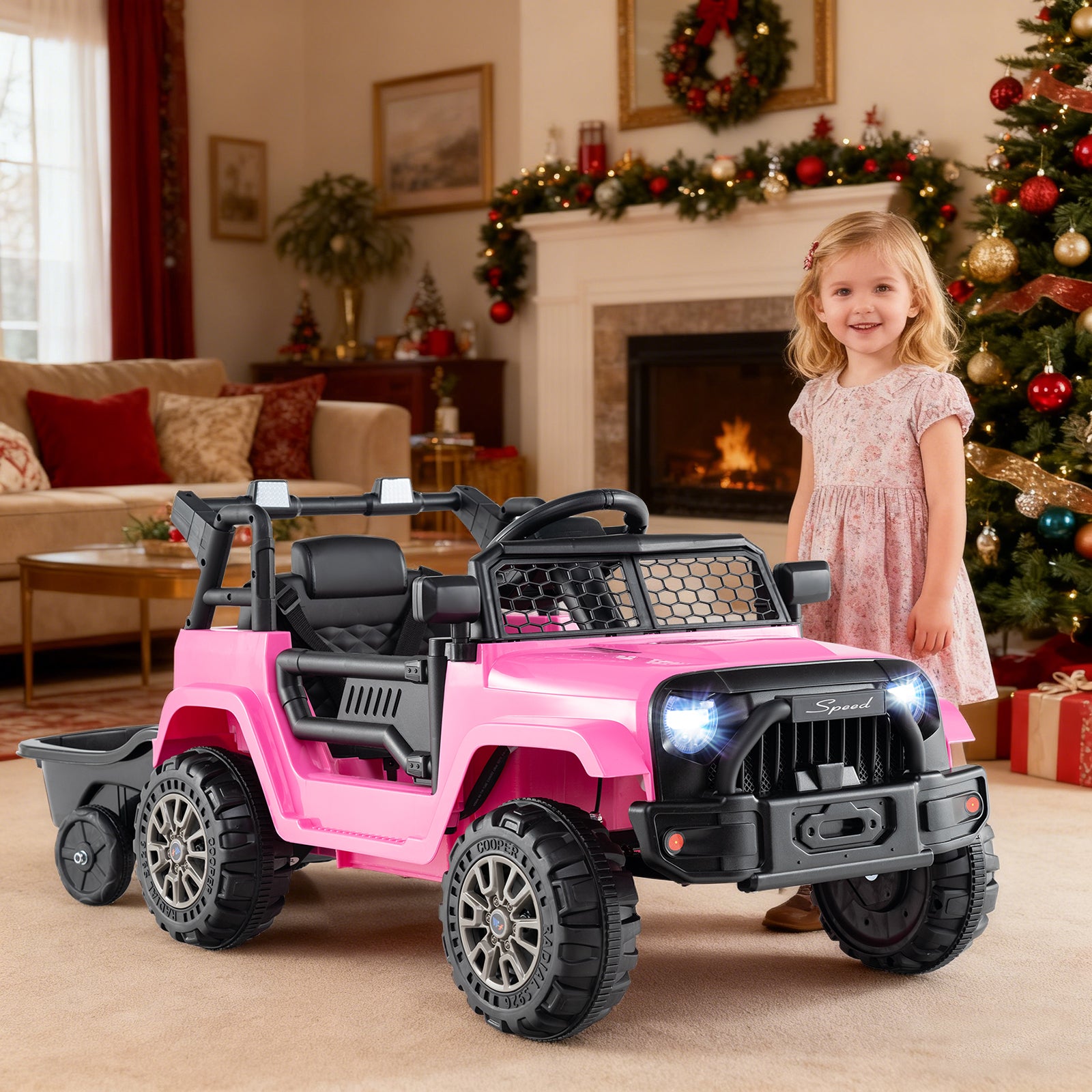 Kids Ride On UTV Car with Detachable Trailer 12V Battery Powered Ride On Truck-Pink