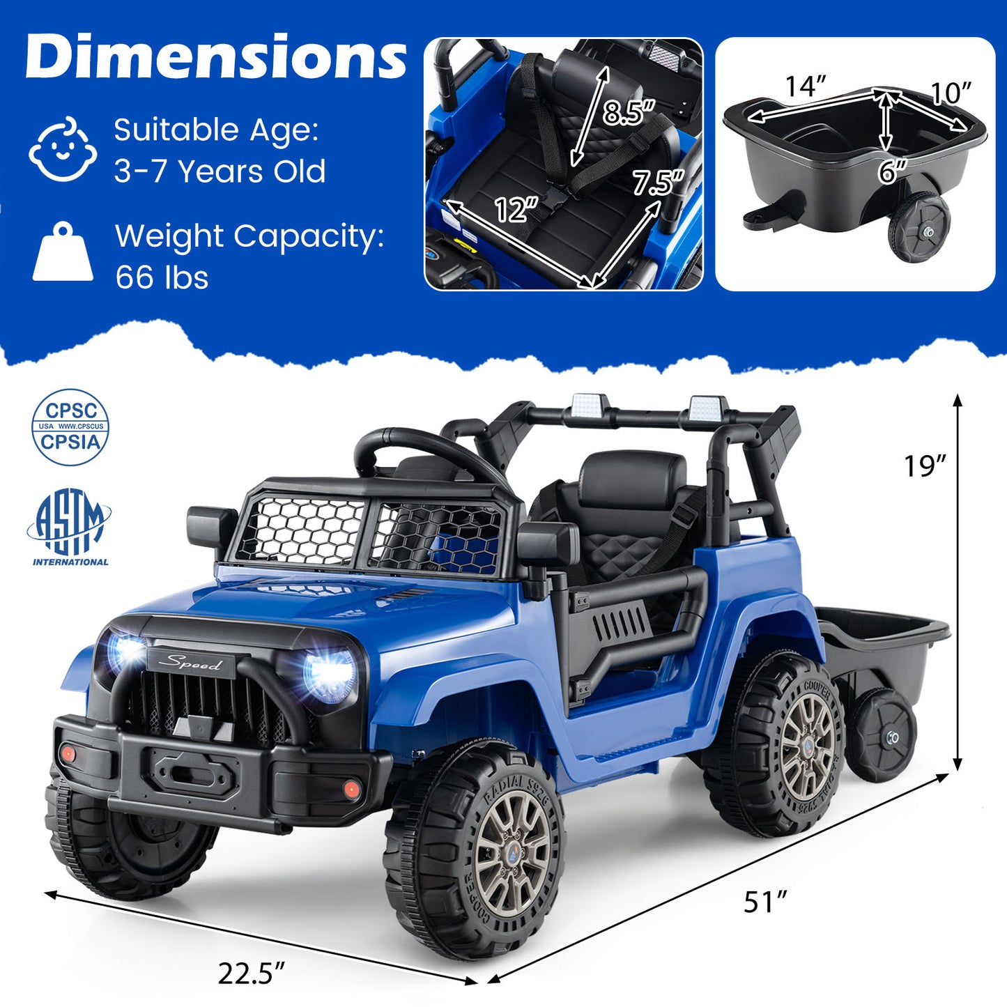 Kids Ride On UTV Car with Detachable Trailer 12V Battery Powered Ride On Truck-Navy