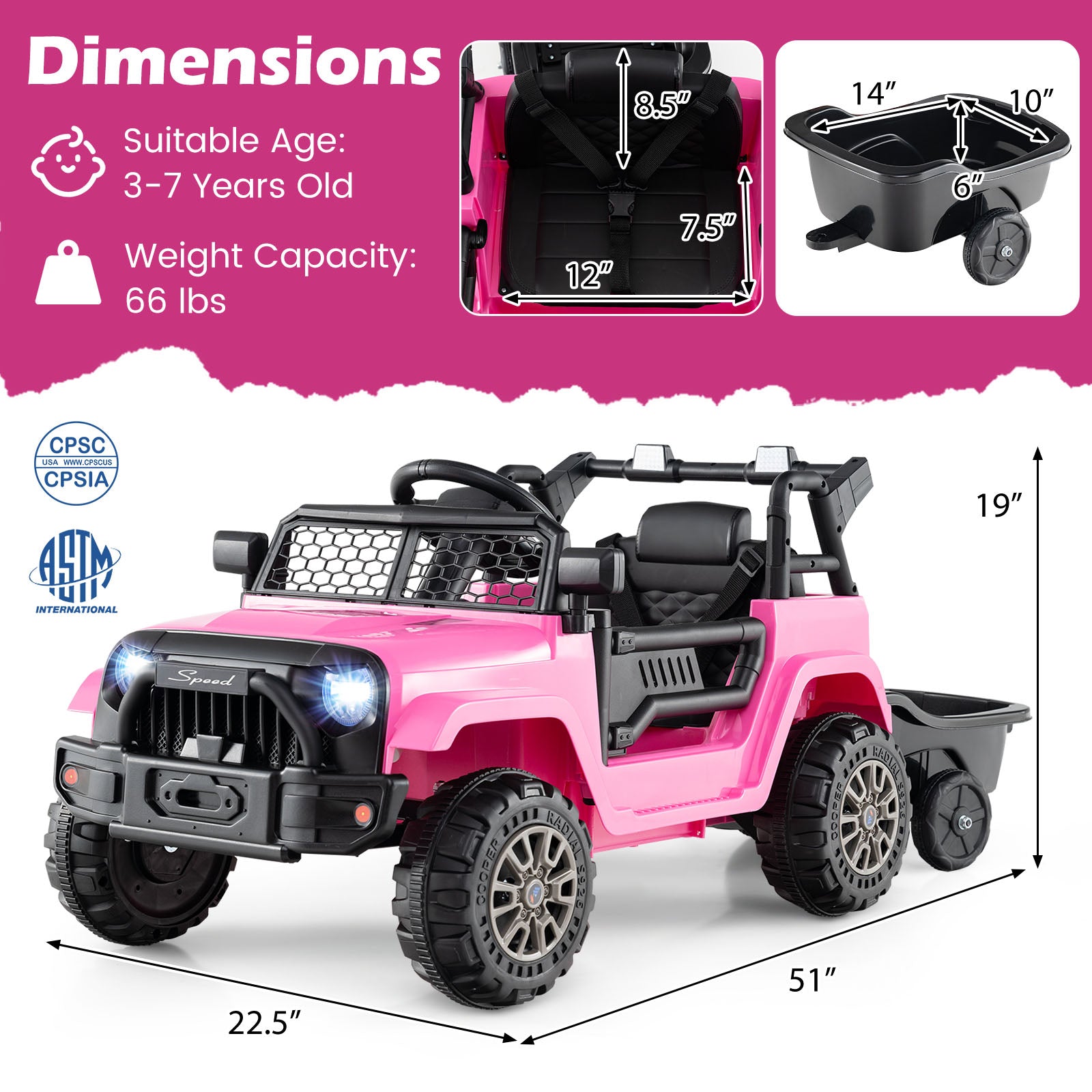 Kids Ride On UTV Car with Detachable Trailer 12V Battery Powered Ride On Truck-Pink