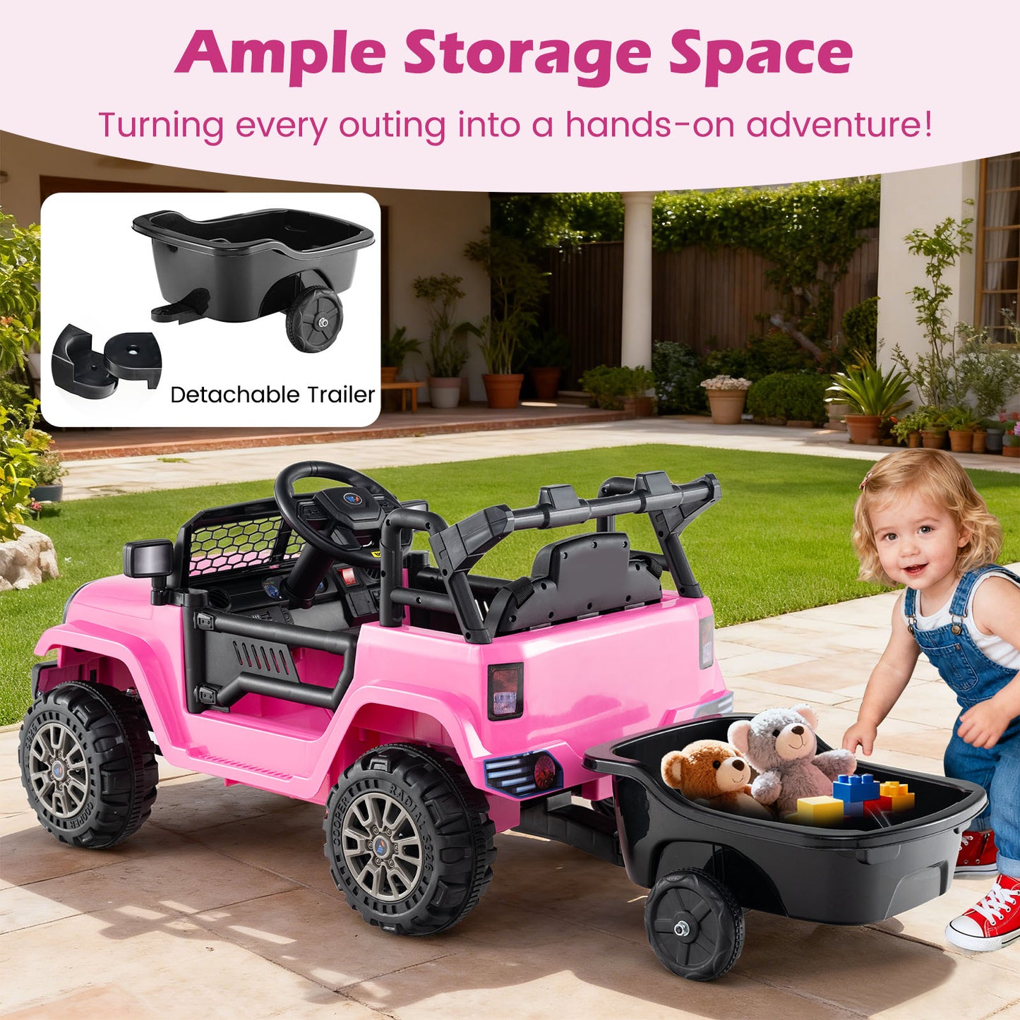 Kids Ride On UTV Car with Detachable Trailer 12V Battery Powered Ride On Truck-Pink