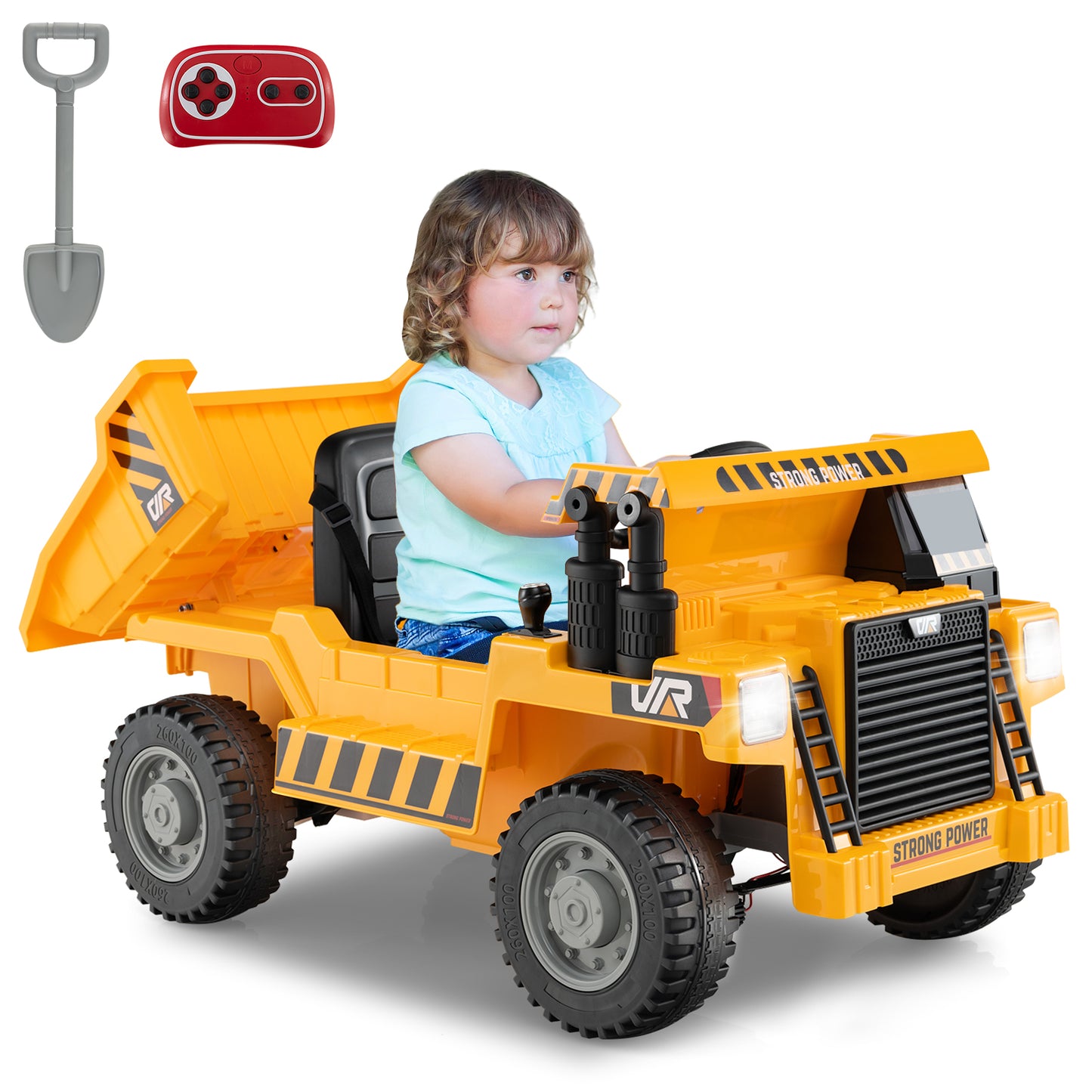 Kids Ride on Dump Truck 12V Ride on Car with Electric Dump Bed-Green - Yellow