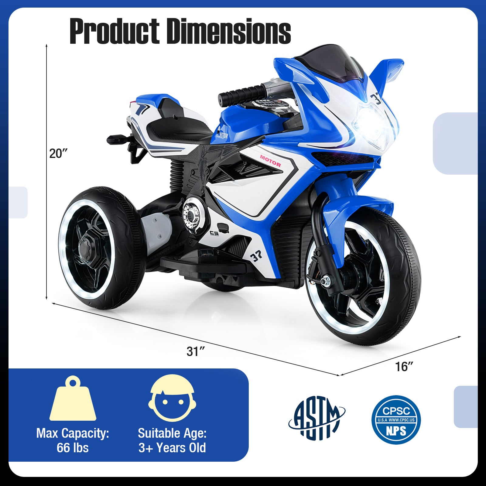 Kids Ride on Motorcycle 6V Battery Powered Mini Electric Motorbike with LED Lights-Navy