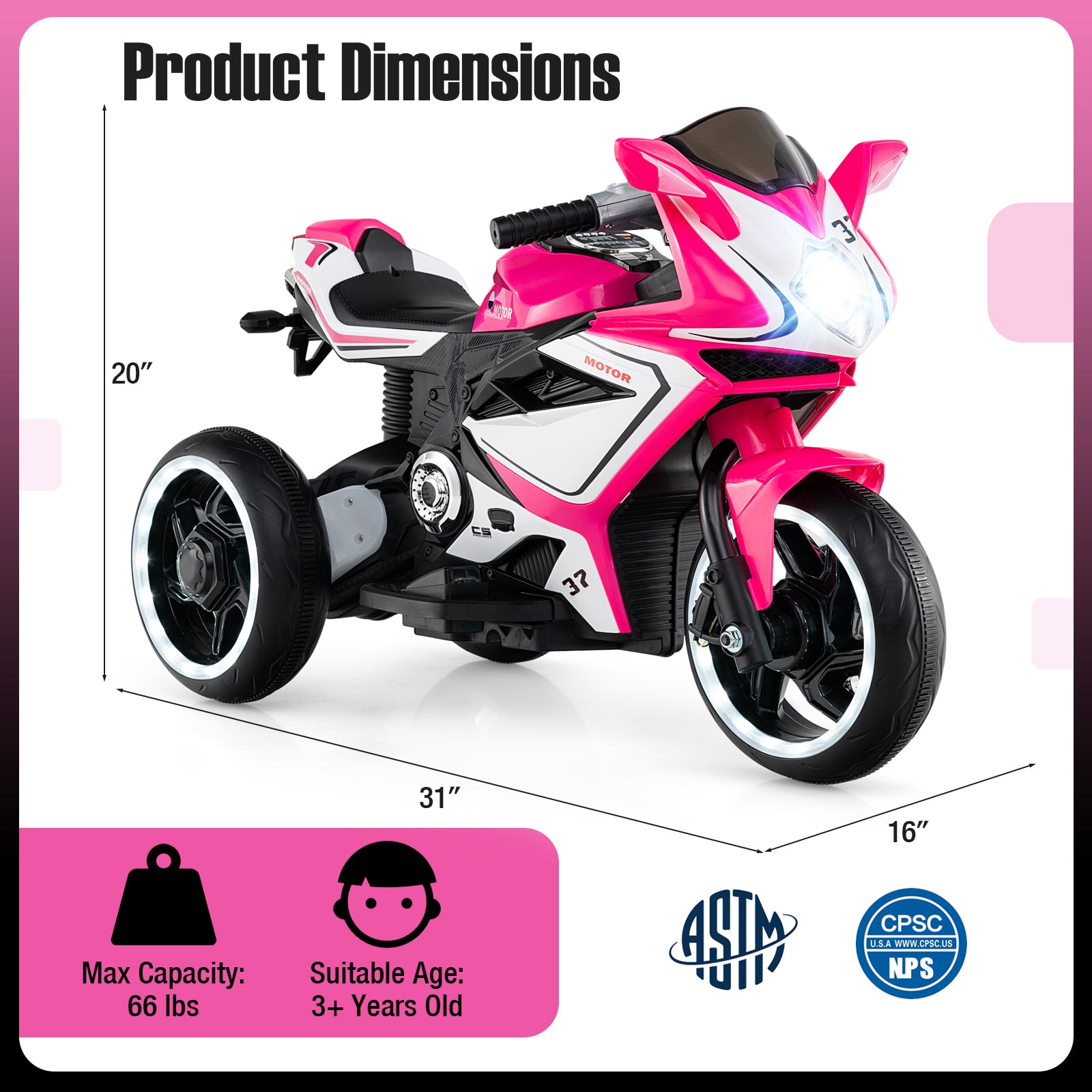 Kids Ride on Motorcycle 6V Battery Powered Mini Electric Motorbike with LED Lights-Pink