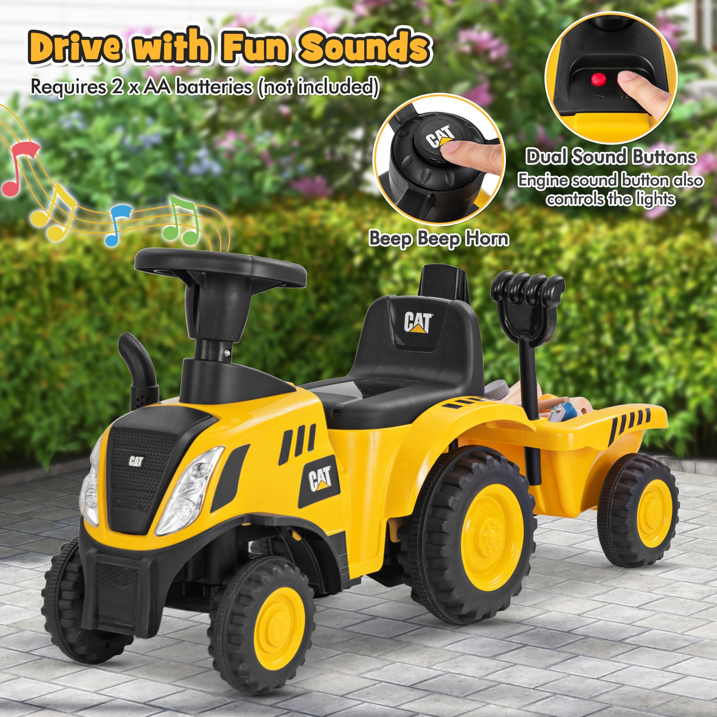 Kids Ride on Tractor Licensed Caterpillar with Detachable Trailer No Power-Yellow