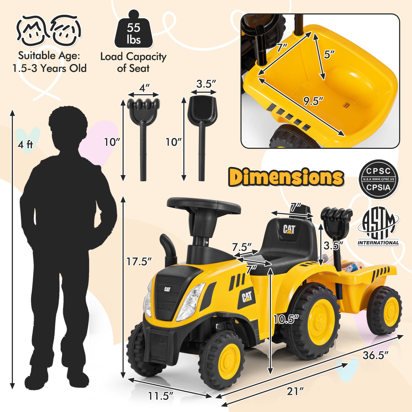 Kids Ride on Tractor Licensed Caterpillar with Detachable Trailer No Power-Yellow