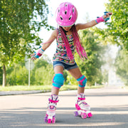 Kids Roller Skates 4 Sizes Adjustable Quad Skates with Light-up Wheels and Safety Protection-Rose Red