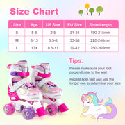 Kids Roller Skates 4 Sizes Adjustable Quad Skates with Light-up Wheels and Safety Protection-Rose Red