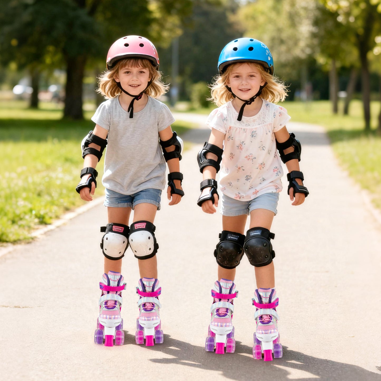 Kids Roller Skates 4 Sizes Adjustable Quad Skates with Light-up Wheels and Safety Protection-Rose Red
