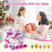 Kids Roller Skates 4 Sizes Adjustable Quad Skates with Light-up Wheels and Safety Protection-Rose Red