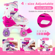 Kids Roller Skates 4 Sizes Adjustable Quad Skates with Light-up Wheels and Safety Protection-Rose Red