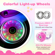 Kids Roller Skates 4 Sizes Adjustable Quad Skates with Light-up Wheels and Safety Protection-Rose Red