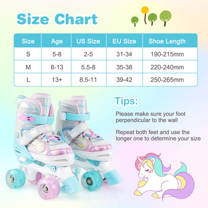 Kids Roller Skates 4 Sizes Adjustable Quad Skates with Light-up Wheels and Safety Protection-Navy