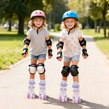 Kids Roller Skates 4 Sizes Adjustable Quad Skates with Light-up Wheels and Safety Protection-Pink