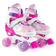 Kids Roller Skates 4 Sizes Adjustable Quad Skates with Light-up Wheels-Rose Red