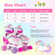 Kids Roller Skates 4 Sizes Adjustable Quad Skates with Light-up Wheels-Rose Red