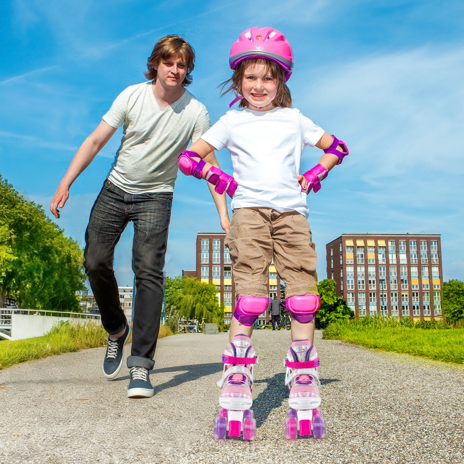 Kids Roller Skates 4 Sizes Adjustable Quad Skates with Light-up Wheels-Rose Red