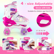 Kids Roller Skates 4 Sizes Adjustable Quad Skates with Light-up Wheels-Rose Red
