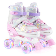 Kids Roller Skates 4 Sizes Adjustable Quad Skates with Light-up Wheels-Pink