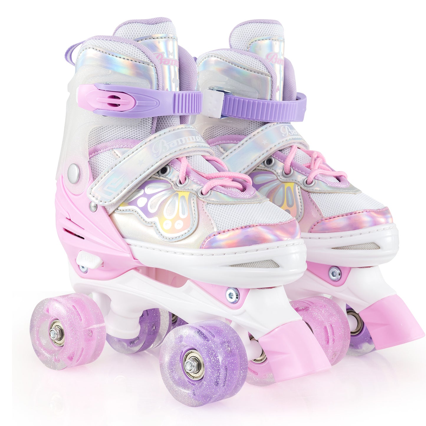 Kids Roller Skates 4 Sizes Adjustable Quad Skates with Light-up Wheels-Pink