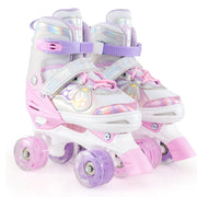 Kids Roller Skates 4 Sizes Adjustable Quad Skates with Light-up Wheels-Pink
