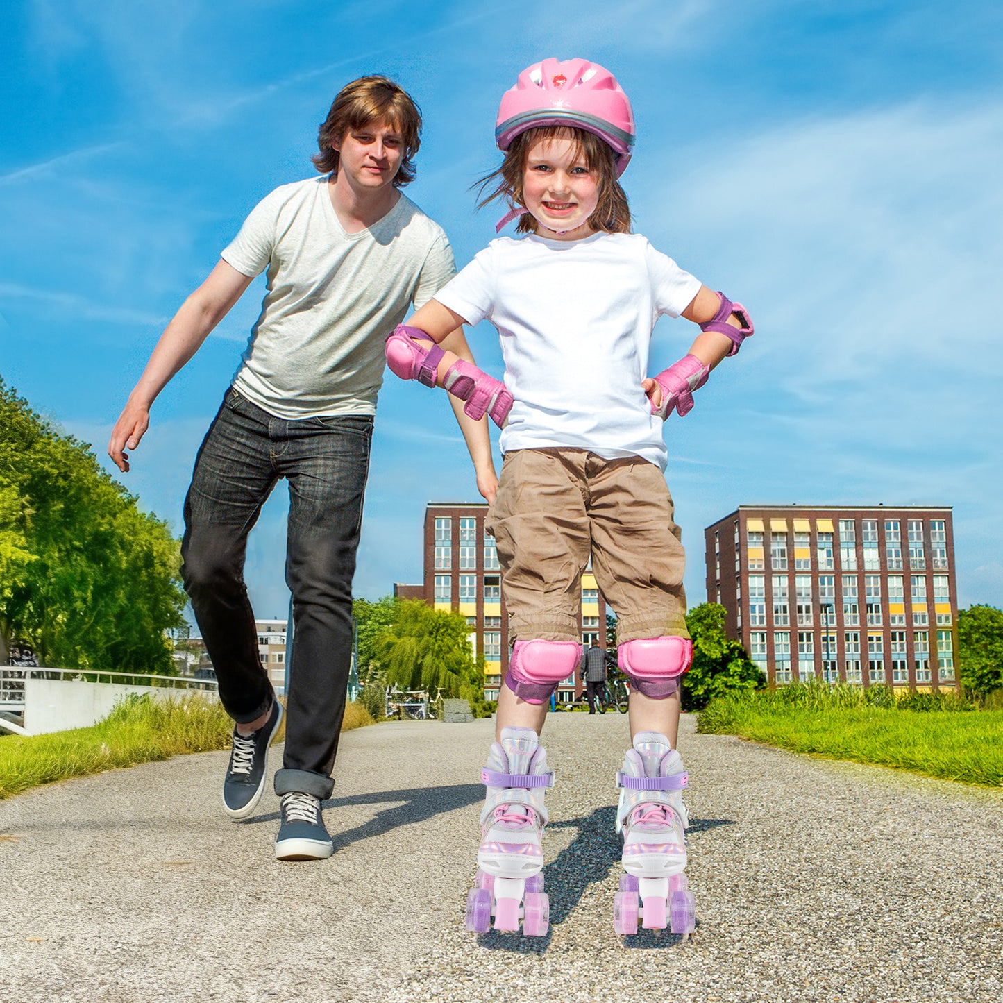 Kids Roller Skates 4 Sizes Adjustable Quad Skates with Light-up Wheels-Pink