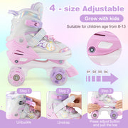 Kids Roller Skates 4 Sizes Adjustable Quad Skates with Light-up Wheels-Pink