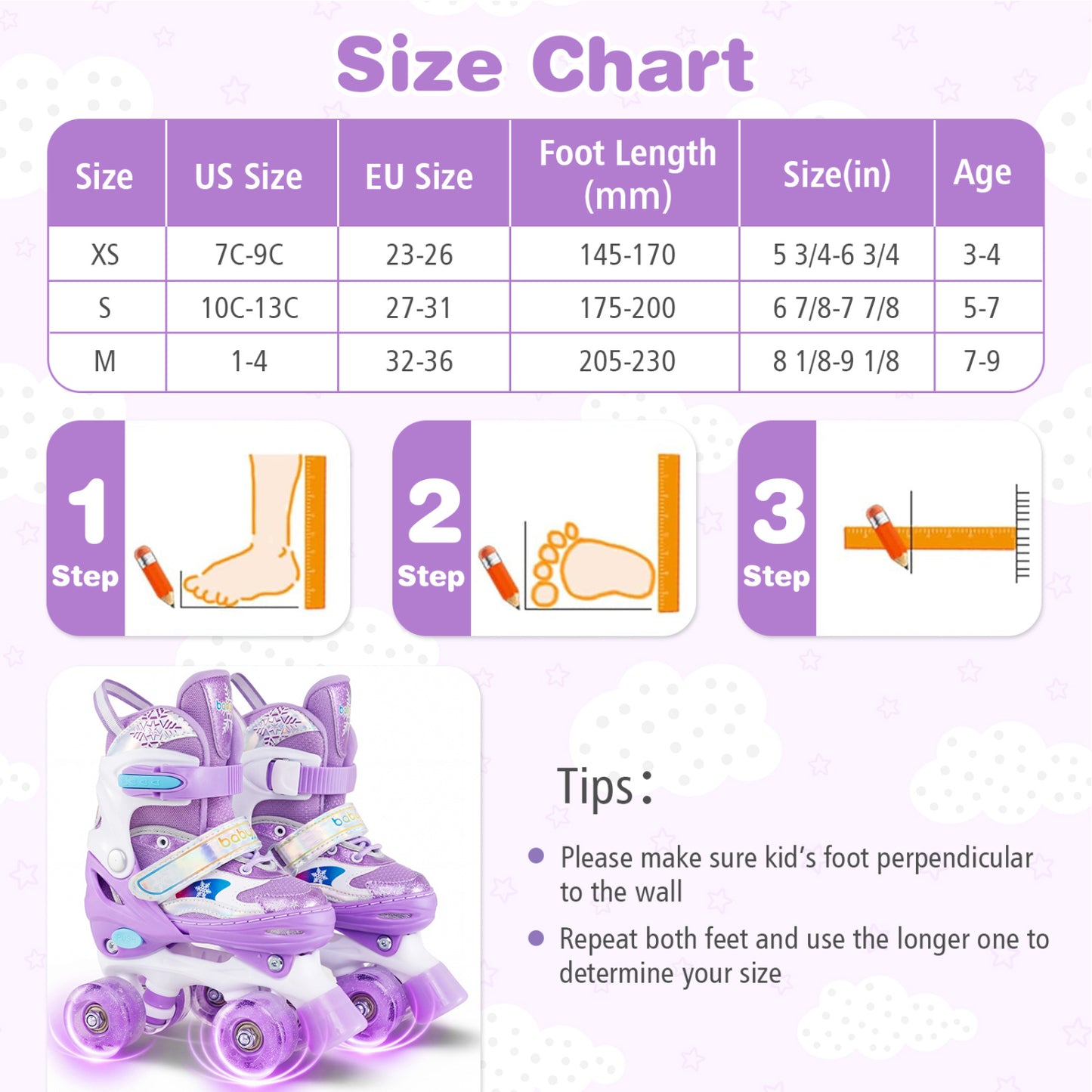 Kids Roller Skates 4 Sizes Adjustable with Light-up Wheels for Toddler Aged 5-7 (S)-Purple
